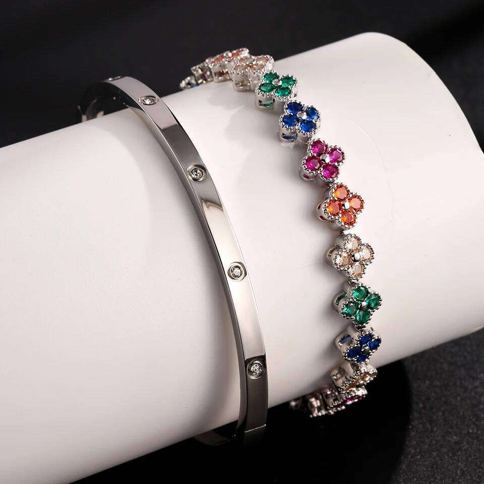ZAKOL Colorful Zircon Inlaid Four Leaf Flower Bracelet Bangle For Women Exquisite Stainless Steel Plum Blossom Jewelry Gift