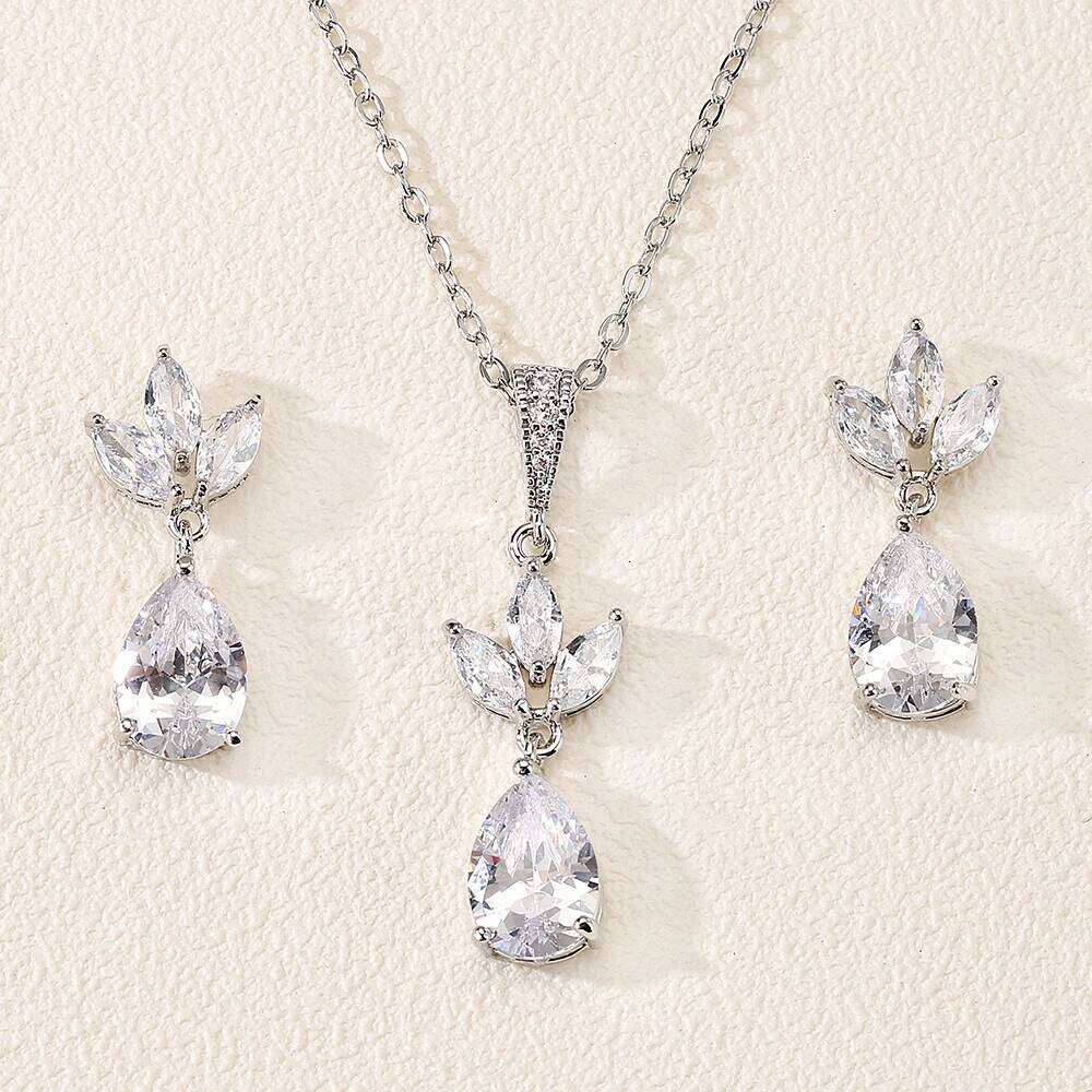 ZAKOL Classic Water Drop Shaped Earrings Necklace for Women Light Luxury Micro Inlaid Zircon Bridal Jewelry Gift