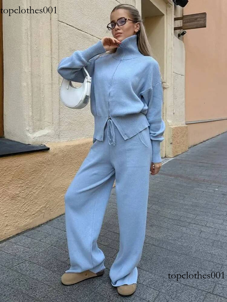 Light Blue Zipper Hoodie Top Suit Women Fashion Solid Knitted Full Sleeve Straight Leg Pants Set 2025 Office Commute Wear