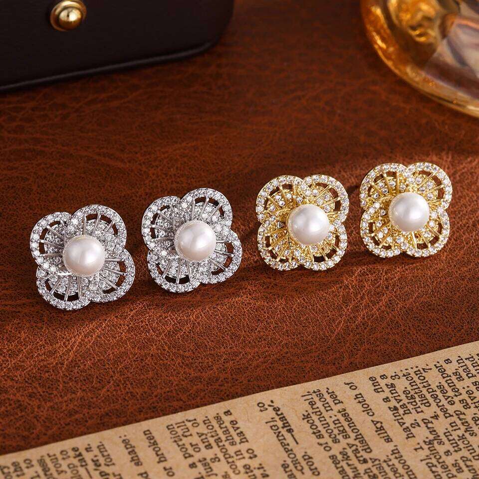 ZAKOL New Korean Fashion Buling CZ Round Pearl Stud Earring for Women Exquisite Camellia Flower Earrings Wedding Party Jewelry