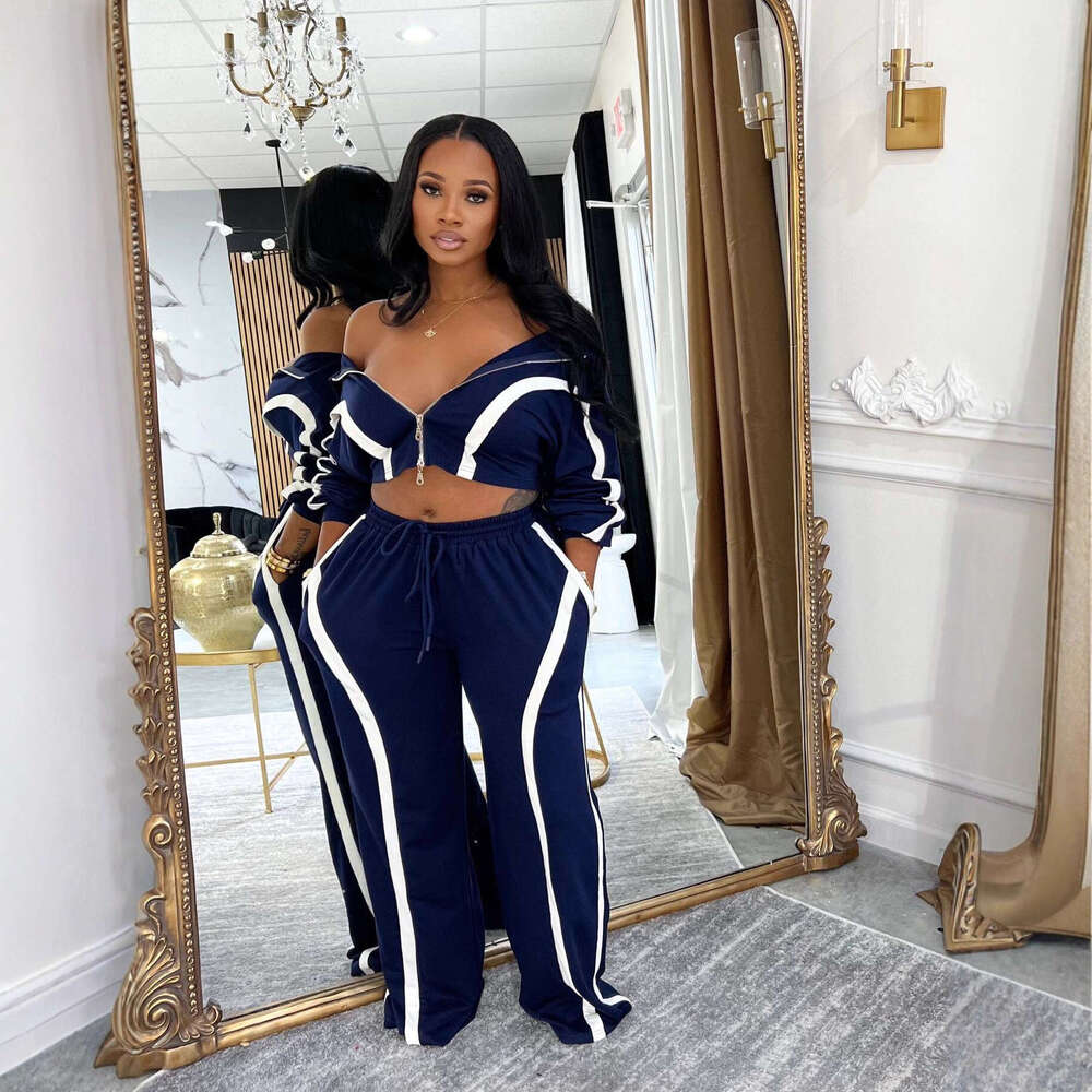 Amazon Hot-Selling Women's Clothing Autumn Winter Color-Block Long Sleeve Cardigan Sports Style Two-Piece Fashion Casual Set