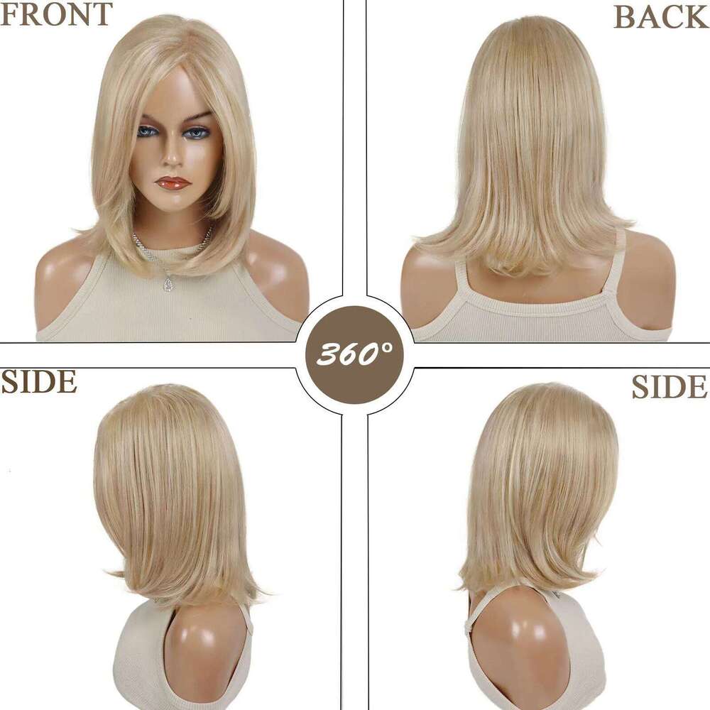 Short Blonde Wigs Synthetic Hair with Bangs Natural Bob for Women Straight Hairstyle Heat Resistant Daily Casual Mom Wig
