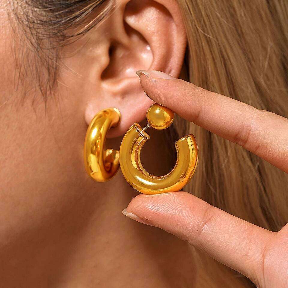 ZAKOL Chunky 316L Stainless Steel CC Hoop Earrings With Detachable Pearl Earplugs Personalized Gold Color Everyday Jewelry