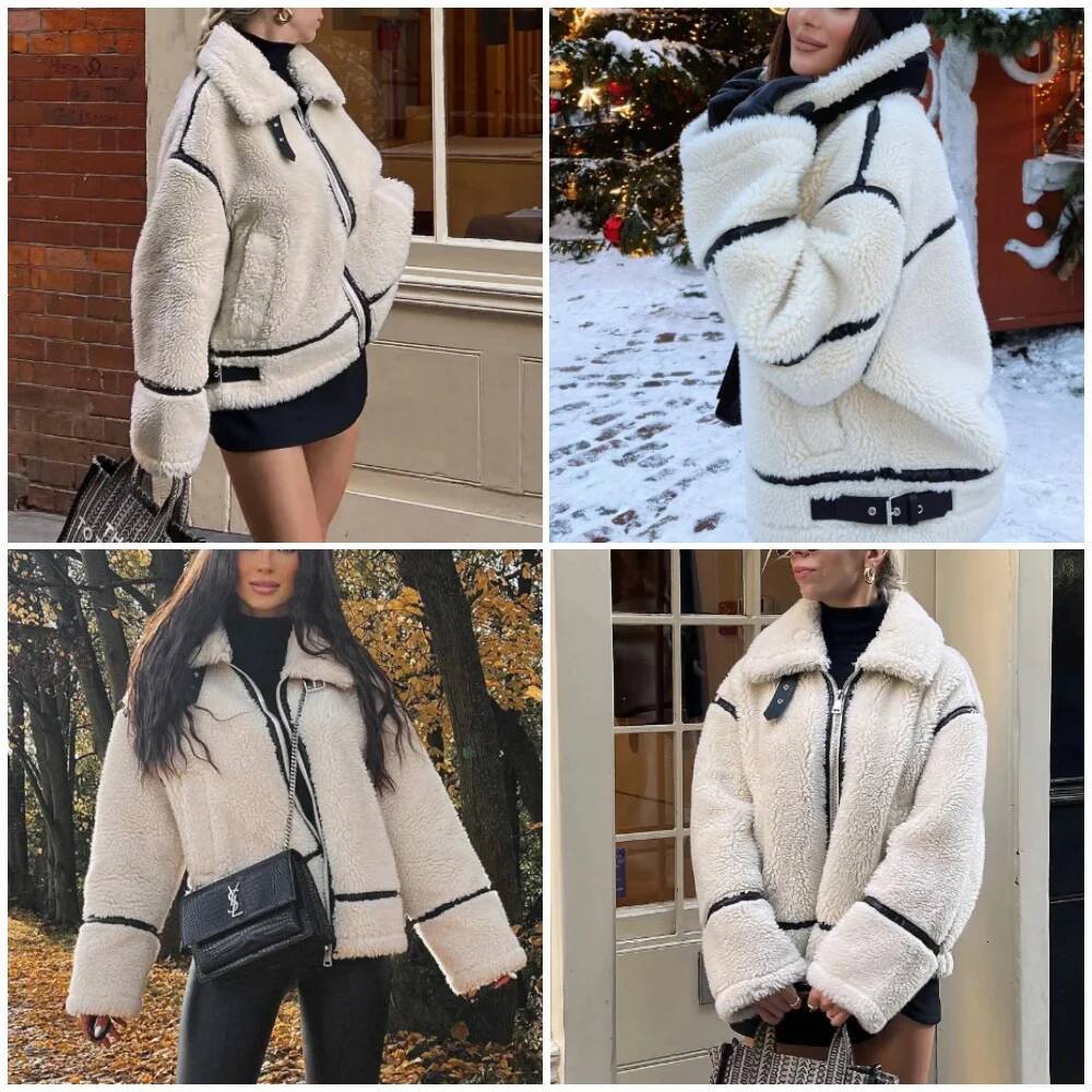 Autumn/Winter Patchwork Fluffy Jacket European/American Style Casual Lamb Wool Warm New Fashion Zipper Pocket Women's Coat