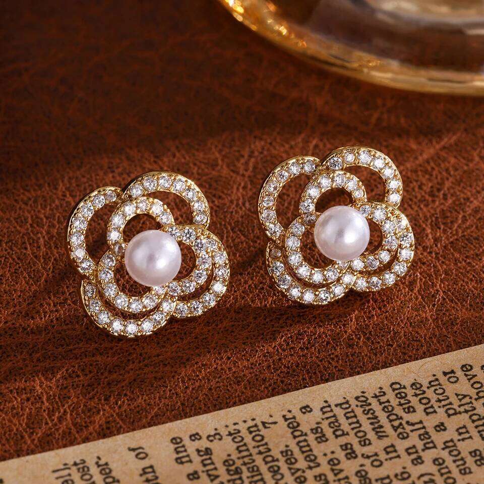 ZAKOL New Korean Fashion Buling CZ Round Pearl Stud Earring for Women Exquisite Camellia Flower Earrings Wedding Party Jewelry