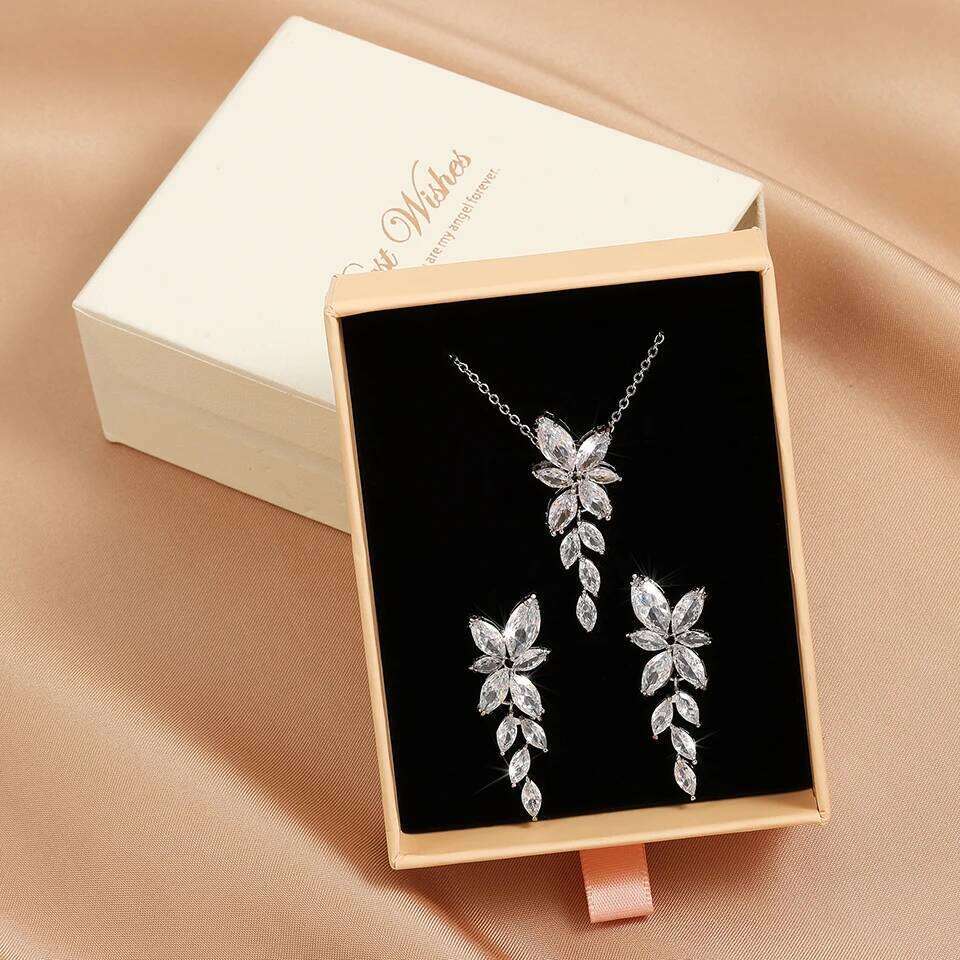 ZAKOL Brand Classic AAA Zircon Leaf Tassel Earring Necklace Sets With Box Exquisite Anniversary Birthday Wedding Jewelry Gift