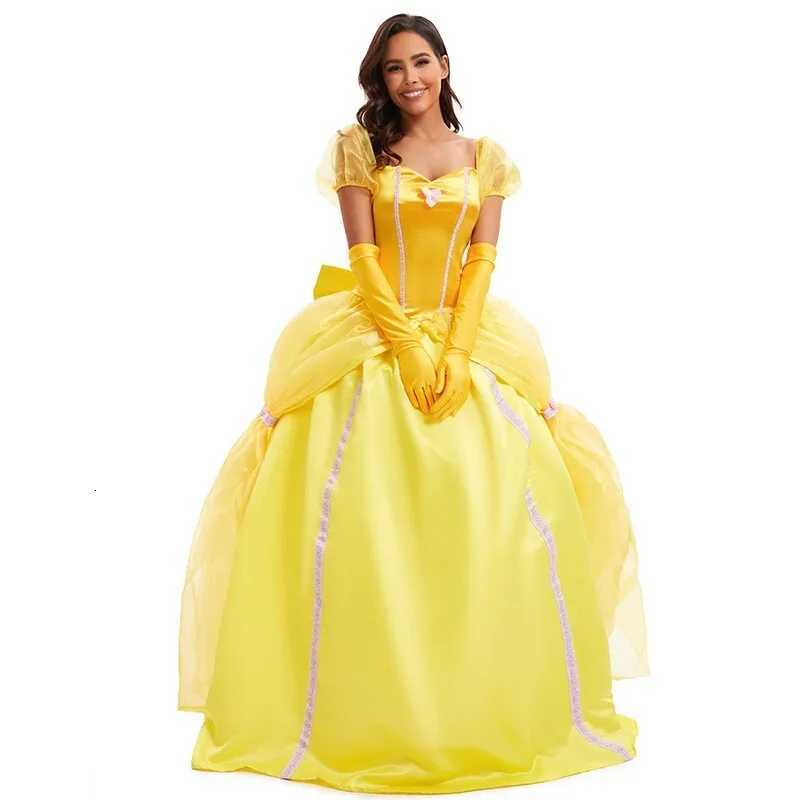 Disney Beauty And The Beast Bell Yellow Long Dress Halloween Costume Belle Princess Dress Masquerade Carnival Adult Belle Roles Suit H2512271