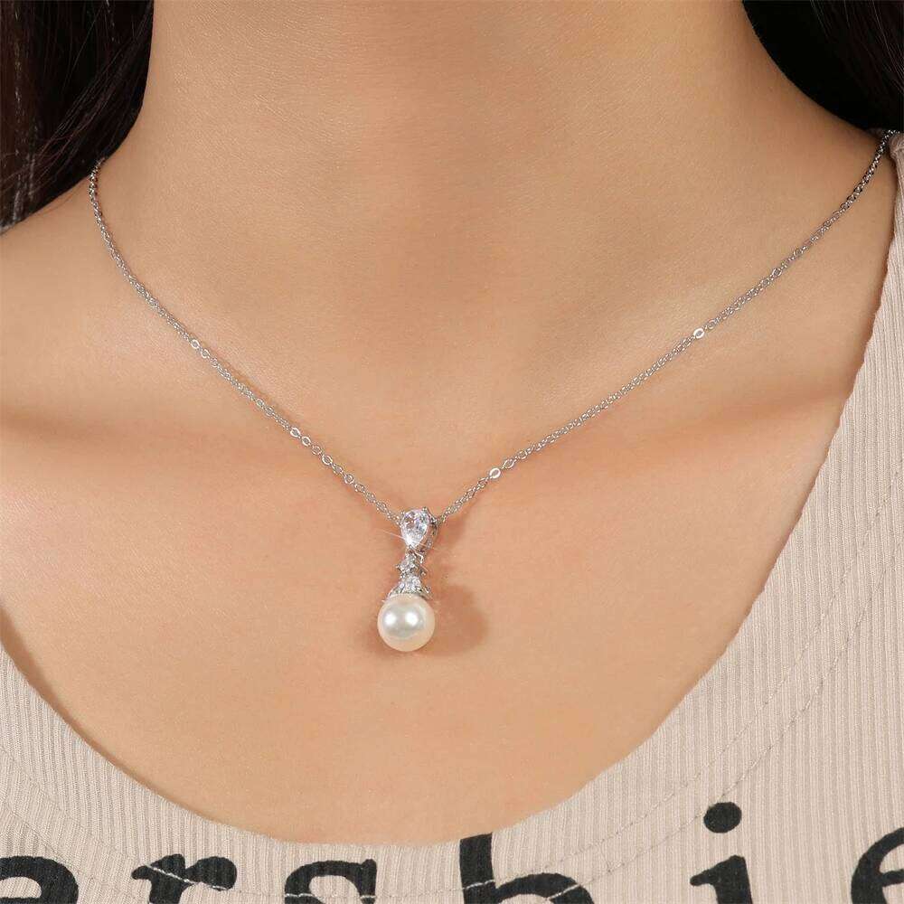 ZAKOL Elegant Clear Zircon Imitation Pearl Earring Necklaces for Women Minimalist Versatile Bridal Wedding Jewelry Set