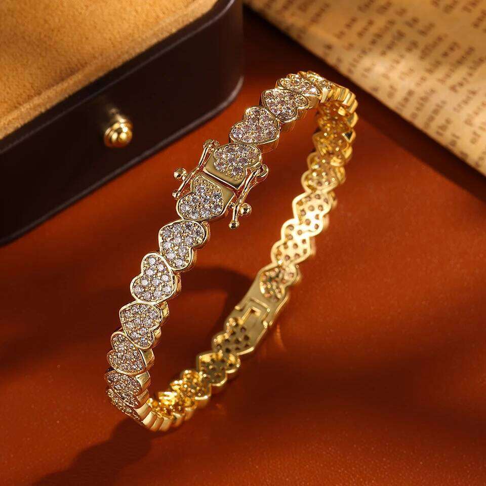 ZAKOL Full Iced Out Bling CZ Cubic Zirconia Heart Charm Bracelet Not Allergies Sliver Gold Color Hiphop Jewelry for Women Men