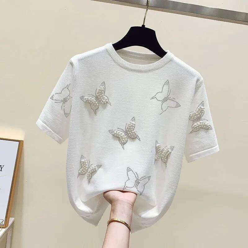 Women Clothing Chic Bow Knot Embroidered Flares T-Shirt Summer Elegant O-Neck Short Sleeve Knit Top Tee Office 2026 Designer Fashion Lady Pullovers