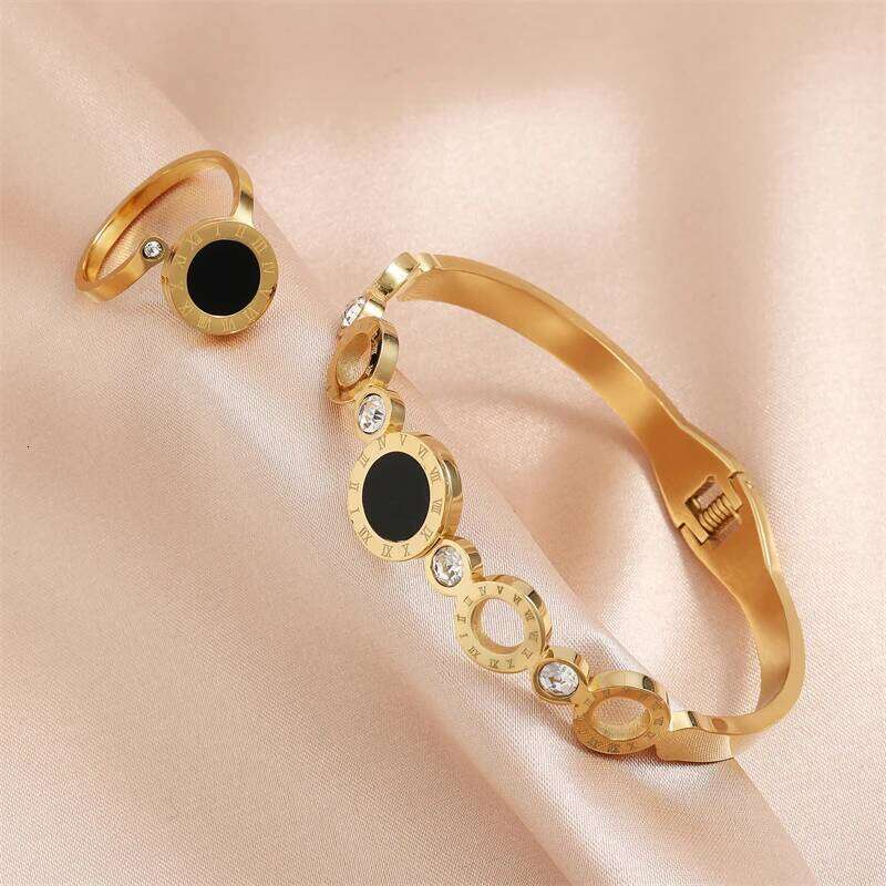 ZAKOL 2 Pcs Fashion Rings For Women Black Acrylic Roman Numeral Stainless Steel Couple Bracelet Jewelry Set Gift
