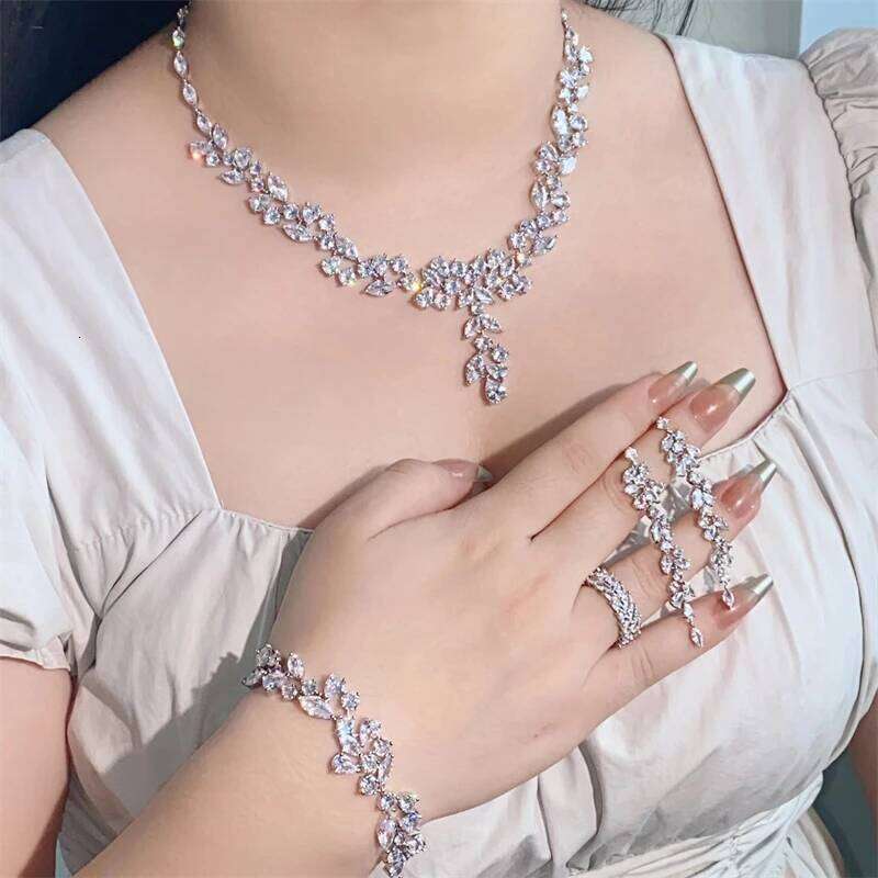 ZAKOL Brand Sliver Color AAA Zirconia Bridal Jewelry Sets Luxury Flower Leaf Clear Zircon Earring Necklaces for Women