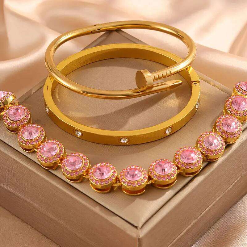 ZAKOL 3-Piece Set Shiny Heart Rhinestone Stainless Steel Bangles Hip Hop Rock Fashion Stackable Bracelet Jewelry