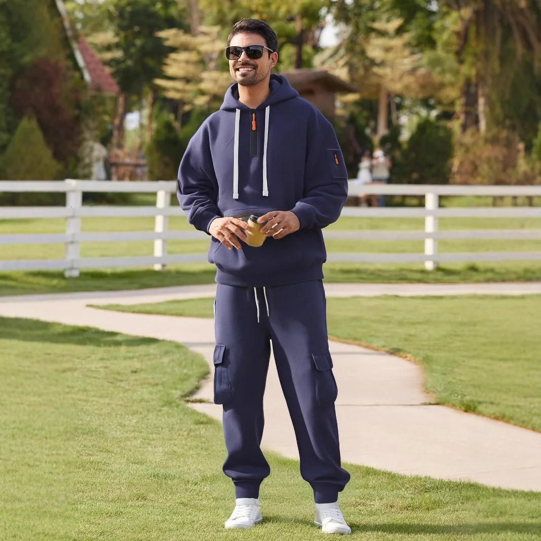 Fleece-lined Hooded Workwear Mens Suit Running Workout Two Piece Sets Autumn Multi-pockets Tracksuit Men 251215