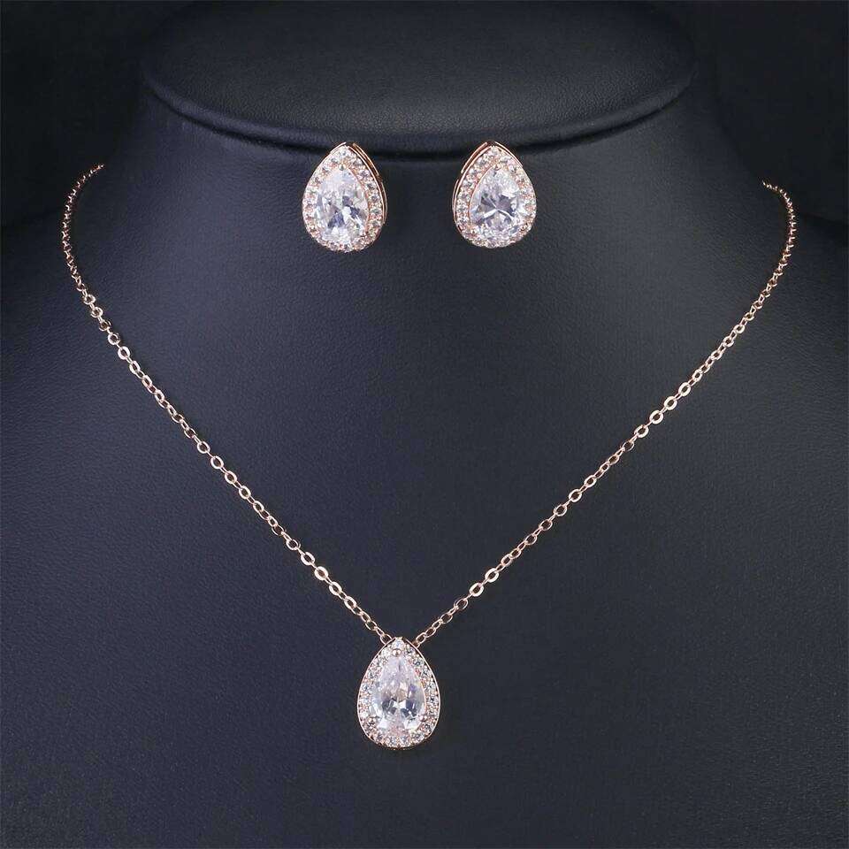 ZAKOL 2 Pcs Classic Water Drop Zircon Earring Necklaces for Women Luxury Shiny Crystal Wedding Jewelry With Gift Box