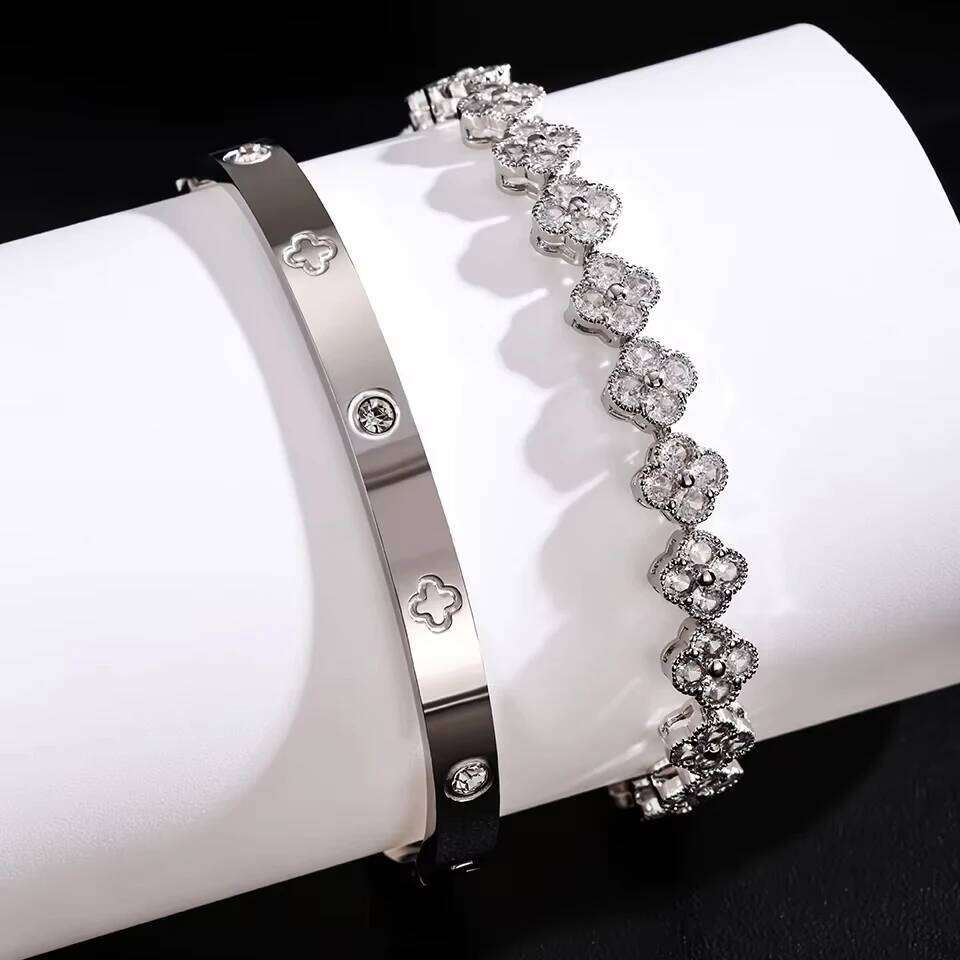 ZAKOL 2 Pcs Brilliant Zirconia Four-leaf Flower Bracelet Bangle Set for Women Exquisite Stainless Steel Daily Bracelets