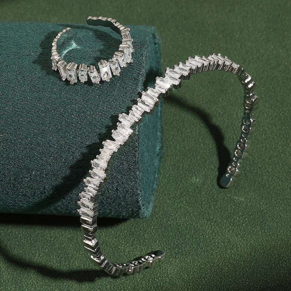 ZAKOL Fashion Adjustable Open Bangle Ring Wedding Jewelry Sets for Women Elegant Shiny AAA Cubic Zirconia Accessories Gift