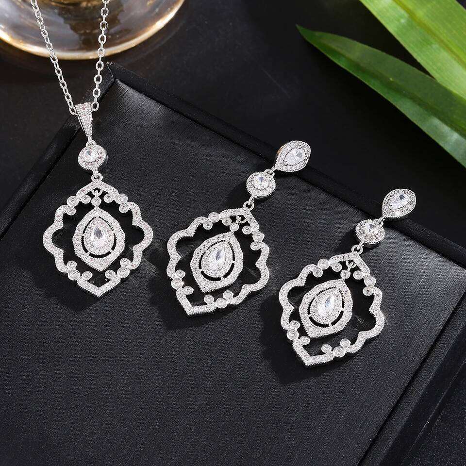 ZAKOL Classic Luxury Hollow geometric Shiny Zircon Pendant Earrings With Gift Box Sliver Color Bride Wedding Party Jewelry Set