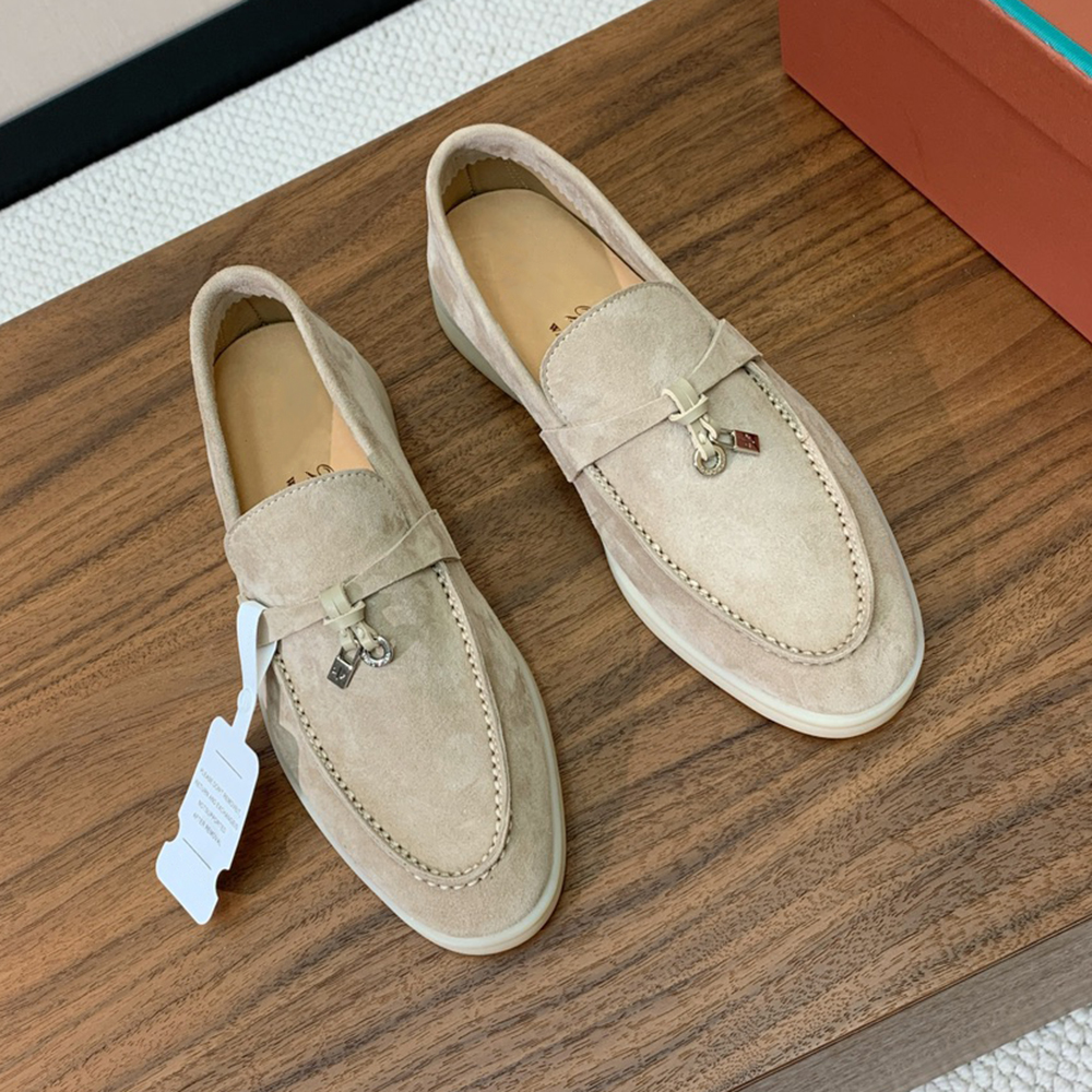 Designer dress shoes men women luxury loafers mules suede moccasins genuine leather casual loafer flats office shoe apricot