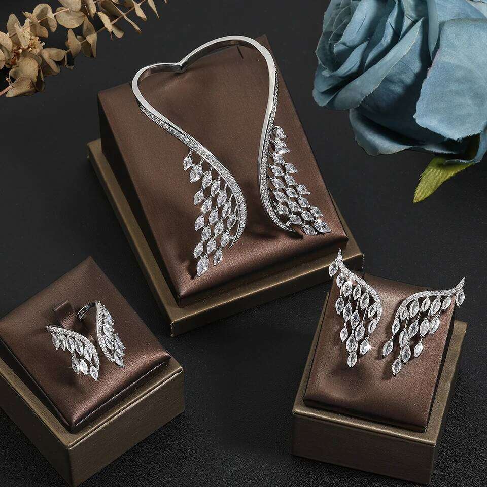 ZAKOL Luxury White Gold Color Wings Shape Cuff Bangle Ring Set for Women AAA Cubic Zirconia Bridal Women's Party Wedding Jewelry