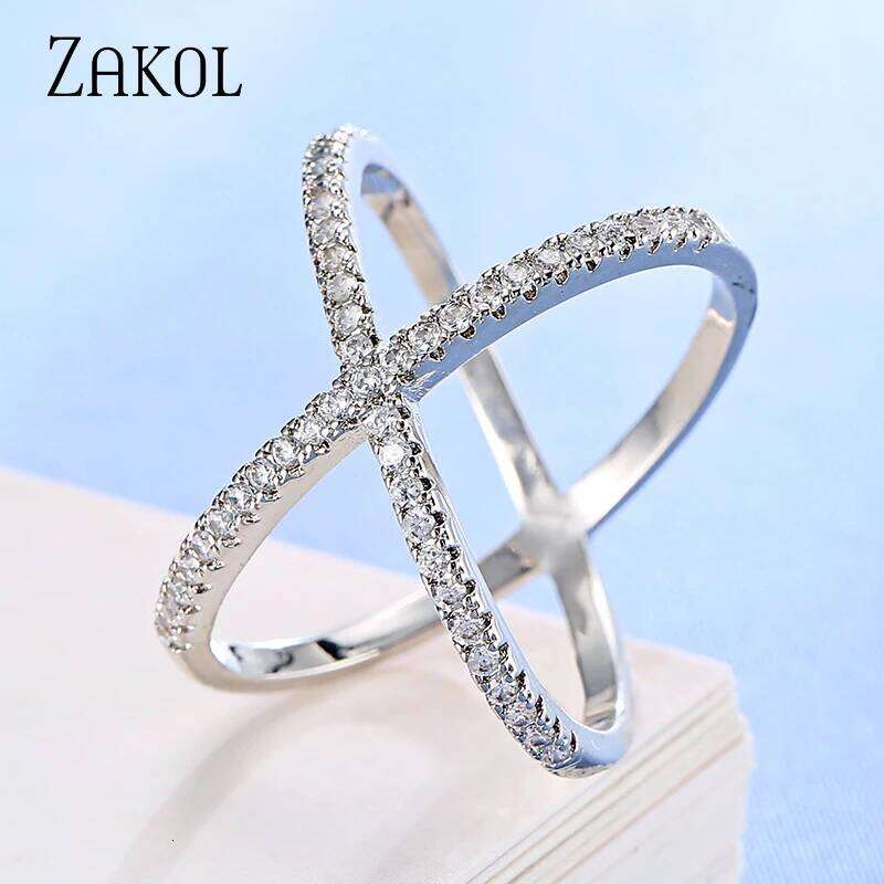 ZAKOL Fashion Cross X Shape Crystal Rings For Women White Color Micro Inlay Paved Zirconia Party Dating Jewelry Gift R178