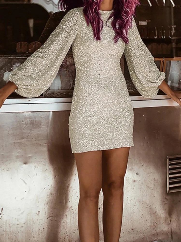 Spring Autumn in Womens Clothing Elegant Fashionable Sparkling Lantern Sleeves Round Neck Sexy Hip Hugging Dress 251217