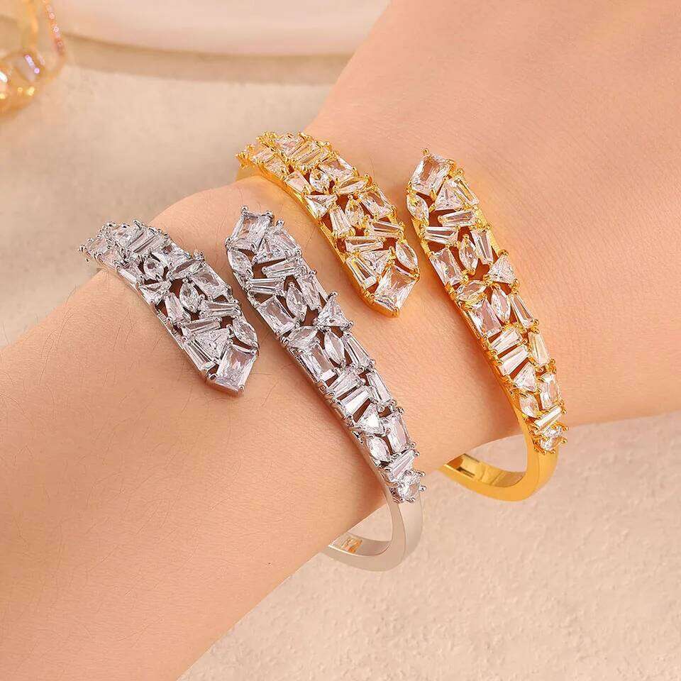 ZAKOL Shiny Brilliant Zircon Cross Leaves Open Bracelet for Women Luxury Elegant Dubai Bride Jewelry Accessories Party Gift