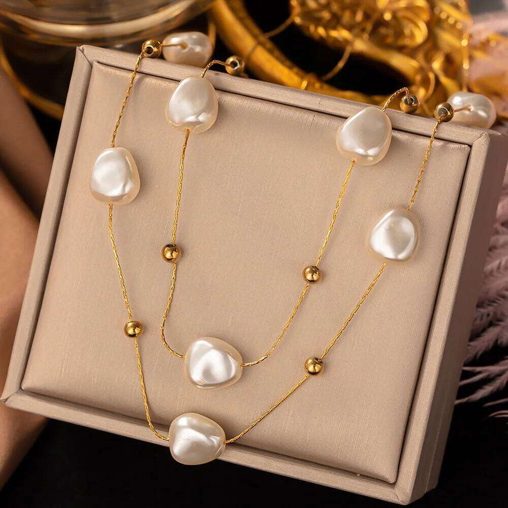 ZAKOL Stainless Steel Large Pearl Pendant Necklace For Women New Trend Girls Neck Jewelry Chain Party Wedding Gift