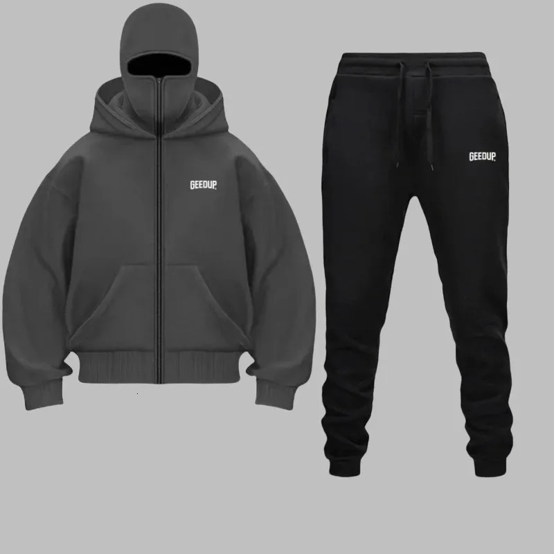 2025 Autumn Winter Men Zippered Hooded Sweatshirt Set - Balakrava Street Fashion Windproof Ninja Letter n Two-Piece Set 251215