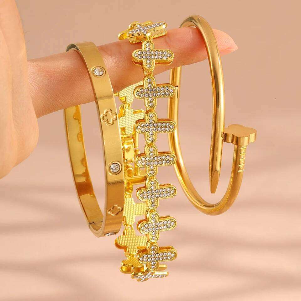 ZAKOL New Creative Stainless Steel Four-leaf Flower Set for Women Buling Rhinestone Hip-hop Bracelet Jewelry Gift