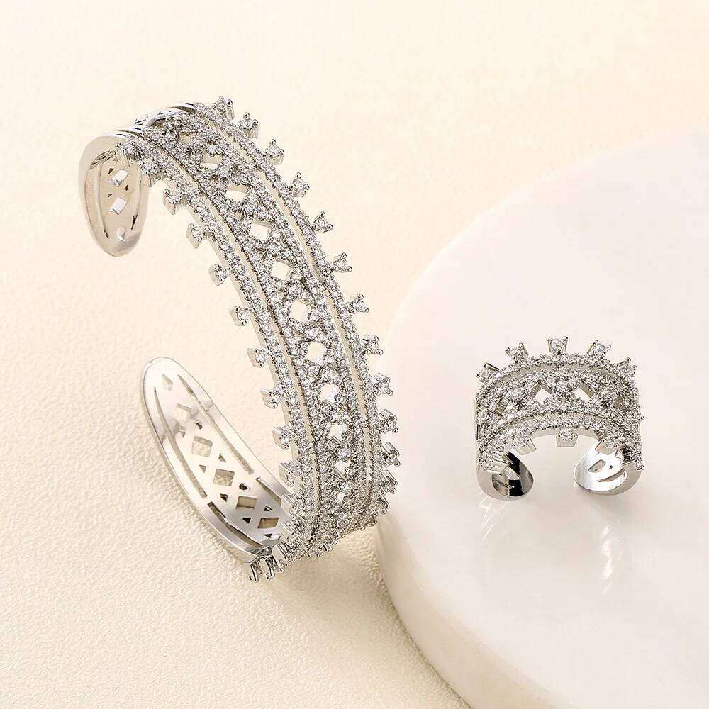 ZAKOL Luxury Shiny AAA Zircon Bracelet Ring Set for Women Adjustable Open Bangle Wedding Jewelry Sets Party Accessories