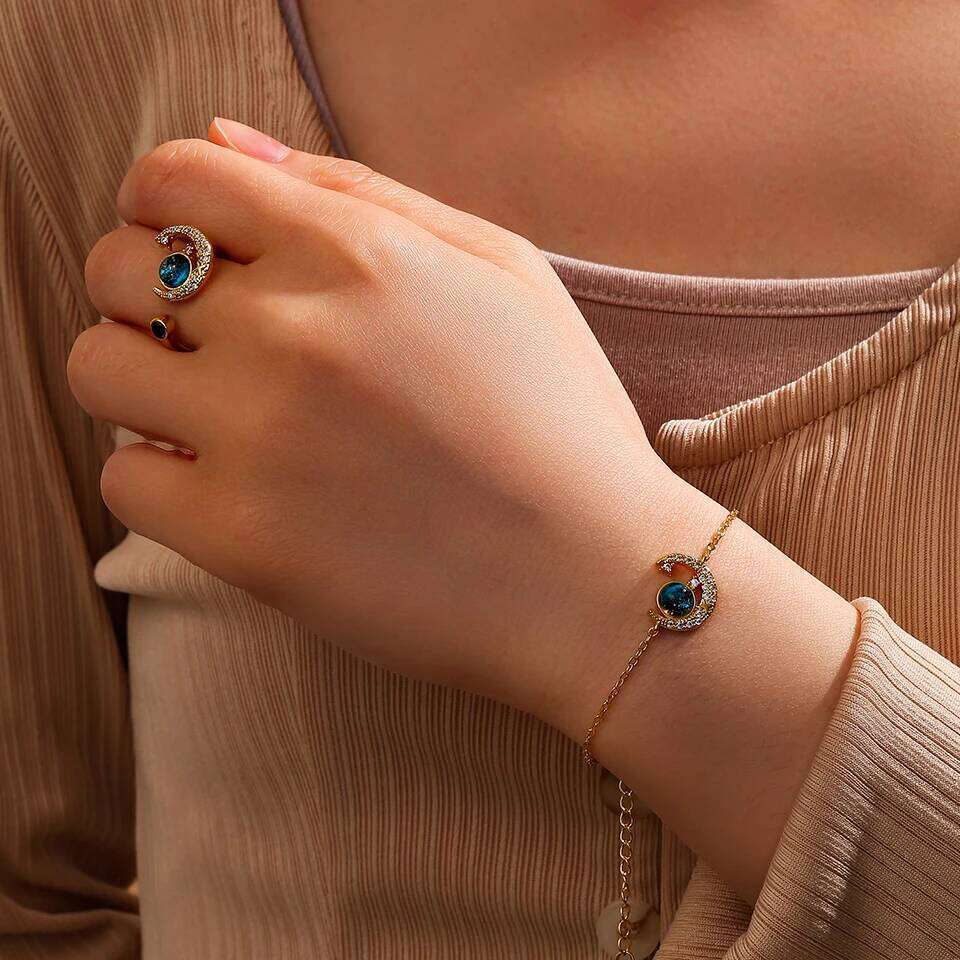 ZAKOL Two-piece Blue Space Planet Moon Titanium Steel Bracelet Ring Set for Women Exquisite Shiny Zircon Party Jewelry