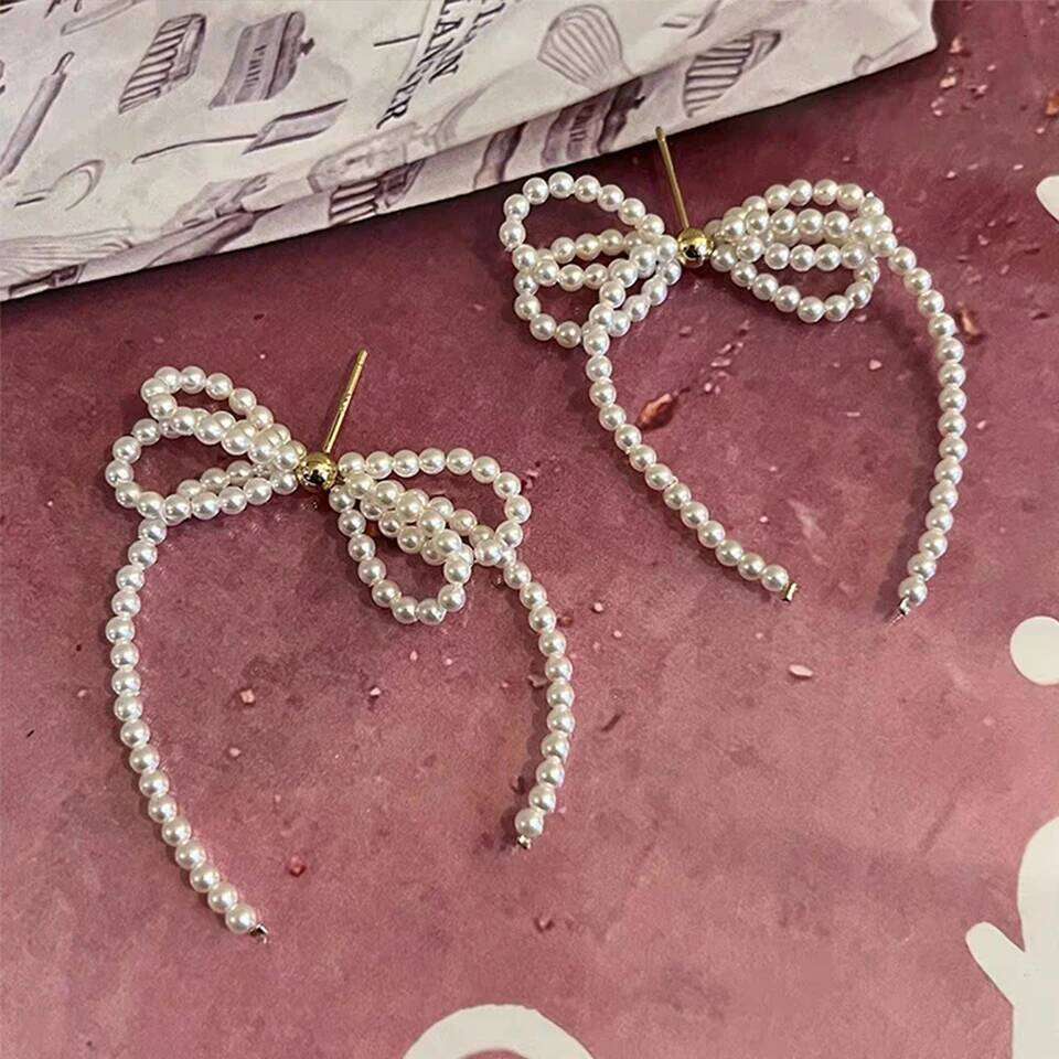 ZAKOL White Bow Imitation Pearl Tassel Drop for Women Temperament Korean Fashion Earrings Wedding Party Jewelry