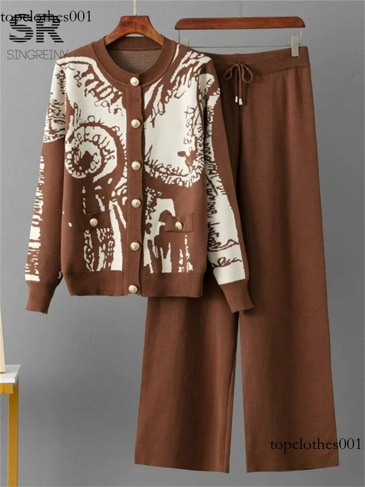 SINGREINY Jacquard Winter Knitted Suits Women Single Breasted Cadigan+Wide Leg Long Pants Autumn Casual Sports Loose 2pcs Set