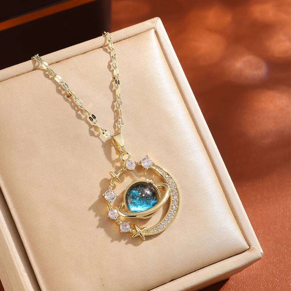 ZAKOL Delicate Micro-Inlaid Zircon Blue Planet Pendant Necklace for Women Titanium Steel Chain Collares Para Mujer