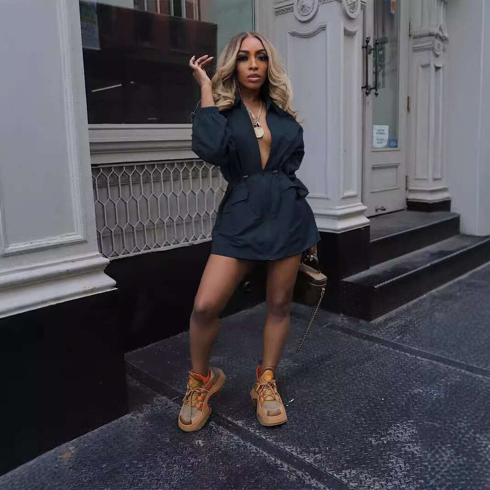 European American Spring and Autumn Drawstring Waist Mid-Length Trench Coat Women's Fashion Loose Casual Workwear Dress