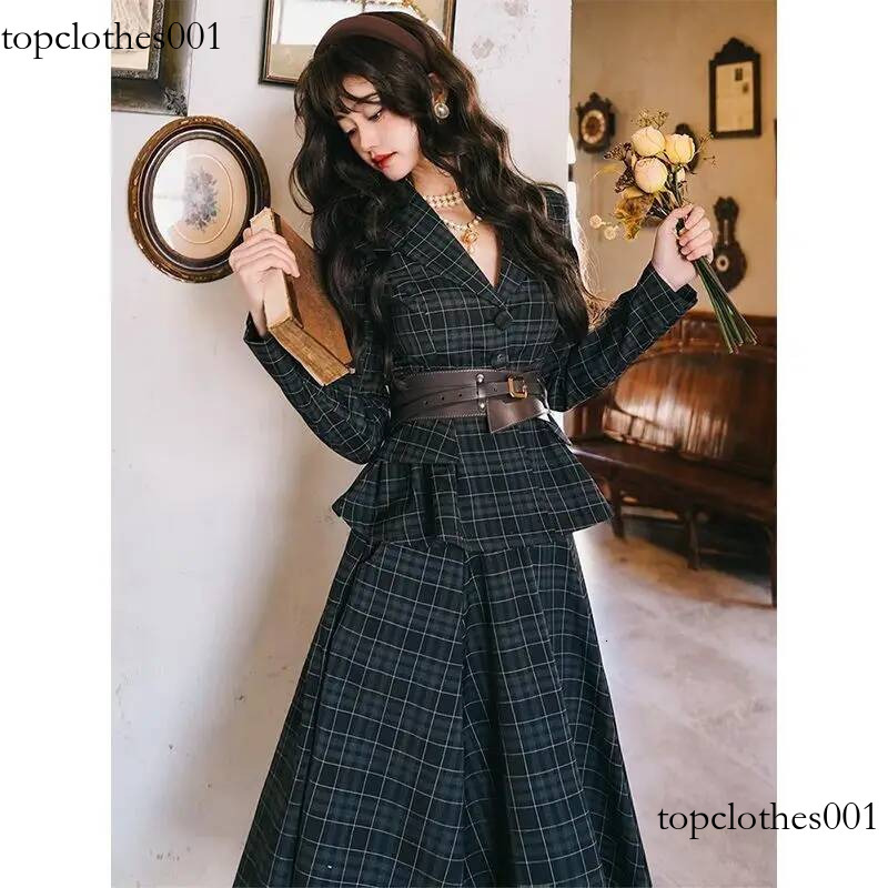 Insozkdg Autumn New British Retro Plaid Waist Slimming Short Suit Coat A-line Long Skirt Two Piece Set Women Outfits