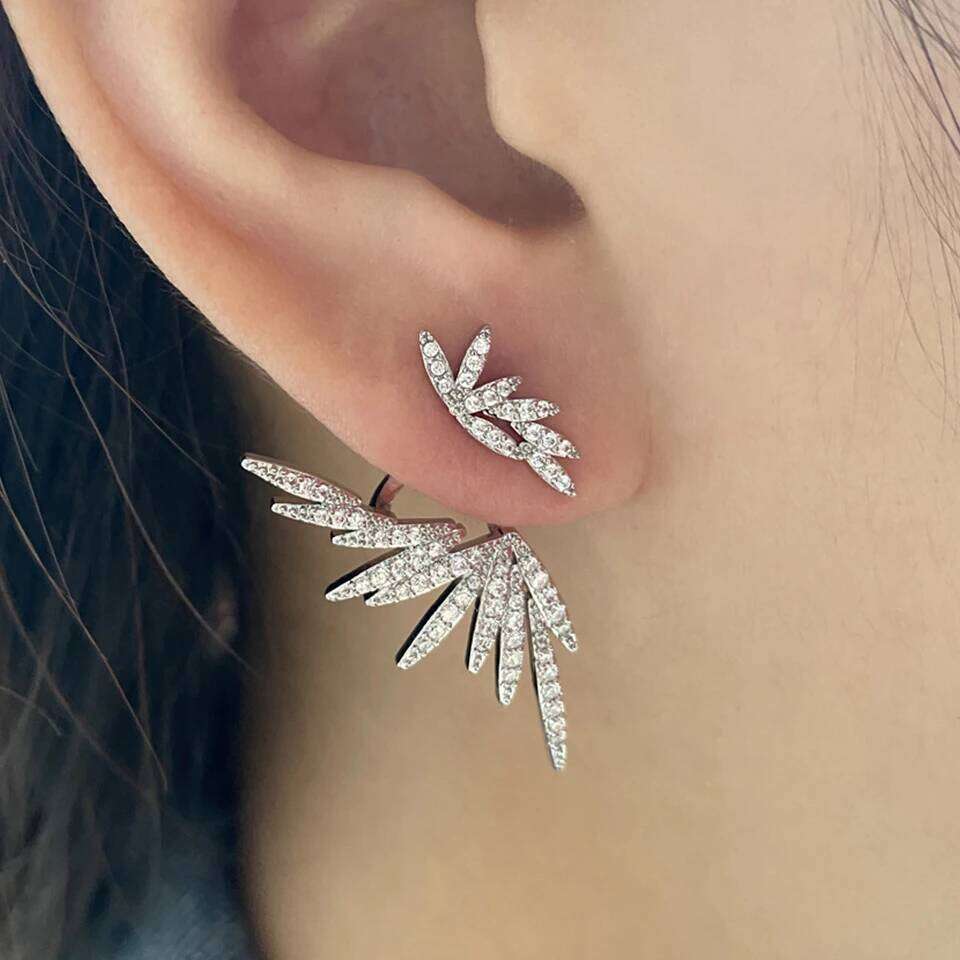 Elegant Cubic Zirconia Feather Earrings White Gold Color Crystal Zircon Statement Stud Earring Luxury Wedding Jewelry