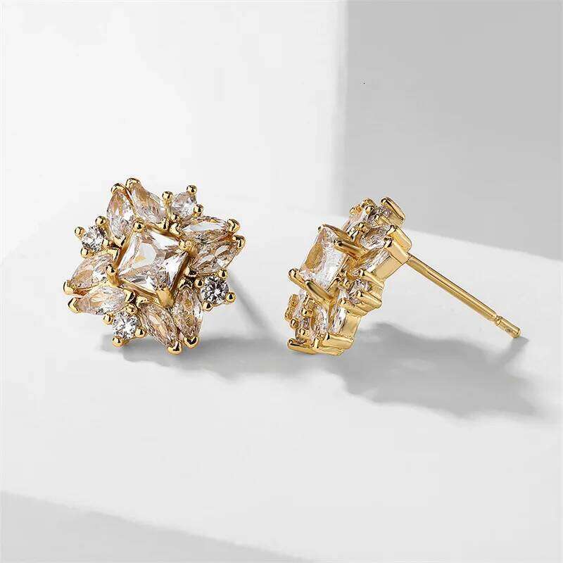 ZAKOL Luxury Flower Square Zirconia Stud Earrings For Women Girls Gold Color Metal Crystal Ears Jewelry Wedding Festival
