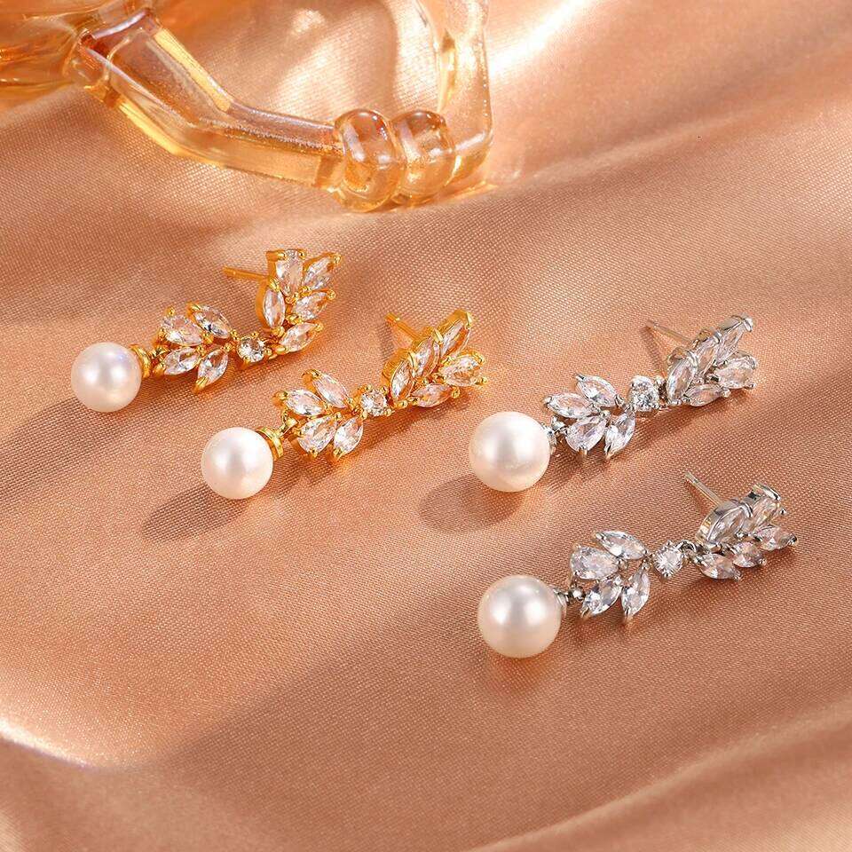 ZAKOL Luxury Leaf Cubic Zirconia Imitation Pearl Dangle Earring for Women Elegant Wedding Engagement Party Jewelry