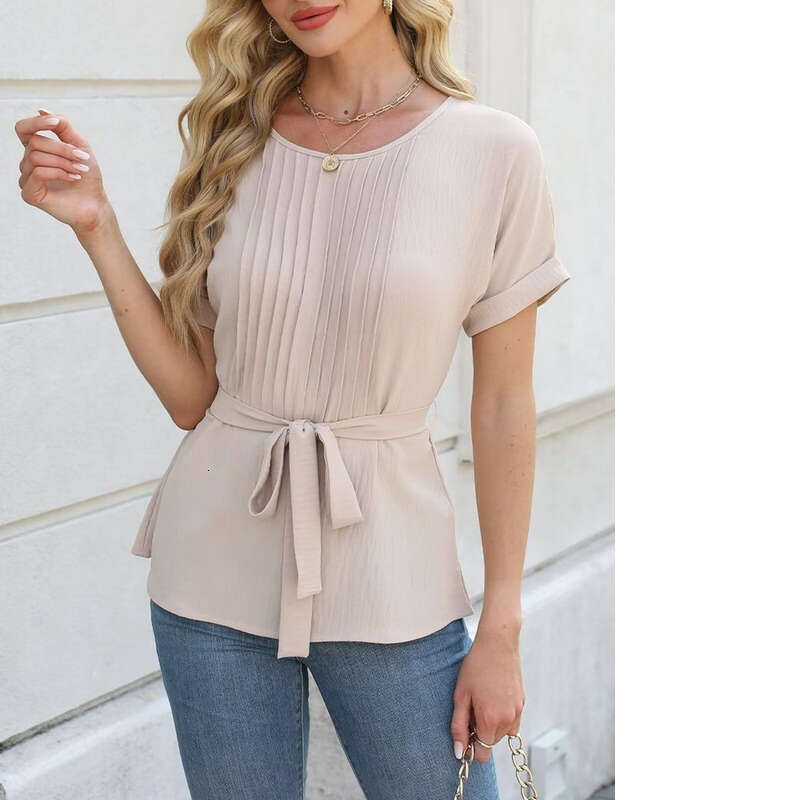 Women Pullover Hoodie Printed Sweatshirt K New Casual Shirt With Ruffled Edges And Pleated Round Neck Short Sleeved Top For Fashionable Wom