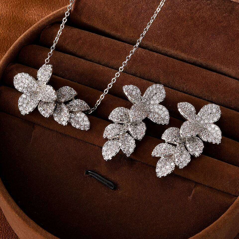ZAKOL Leaf Flower Shaped Zircon Set for Women Gold/Silver Color Earrings & Necklace Wedding Party Jewelry Accessories