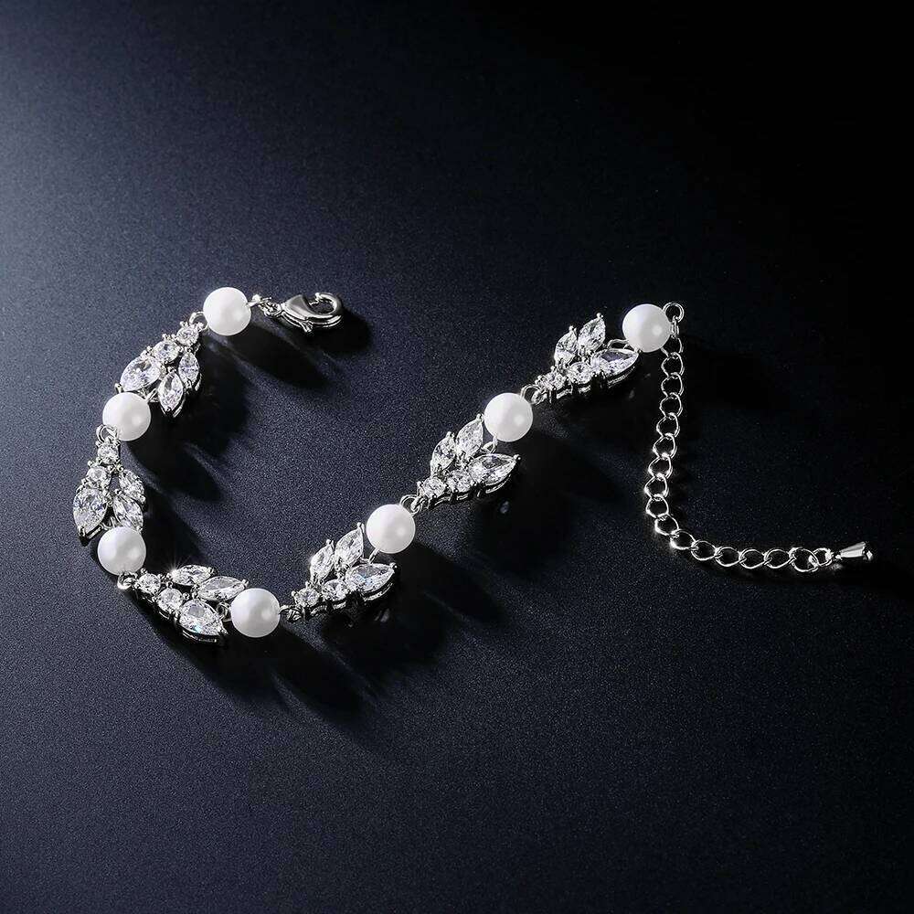 ZAKOL Luxury Shiny AAA Cubic Zirconia Imitation Pearl Charm Bracelet for Women Elegant Wedding Jewelry Gift