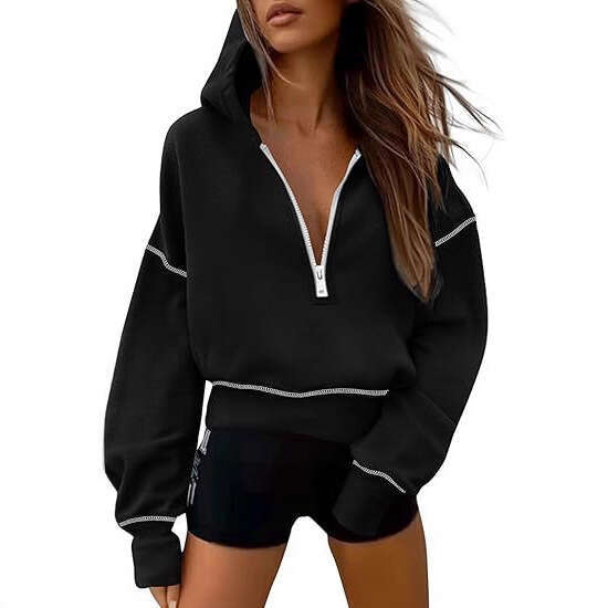 Amazon European and American Autumn Winter New Women's Sweatshirt Hoodie Long Sleeve Half Zipper Short Fashion Casual