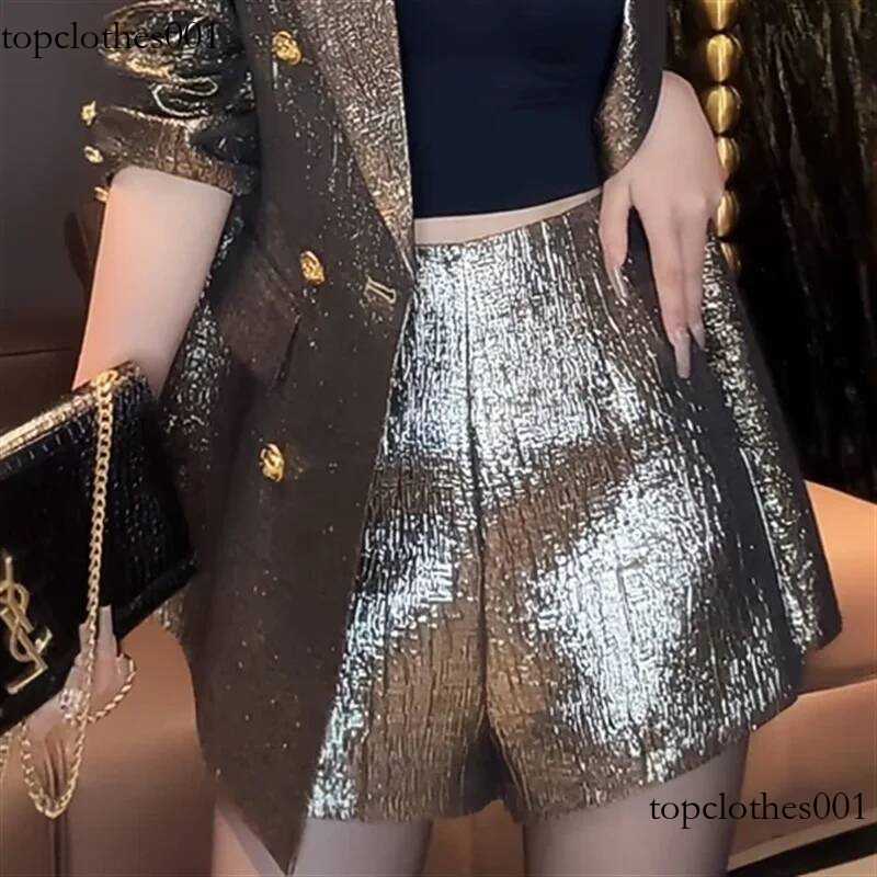 French Celebrity Metallic Shiny Party Suits Elegant Women Two-Piece Set Fashion Buttons Blazer + Slim Shorts OL Outfits 194B