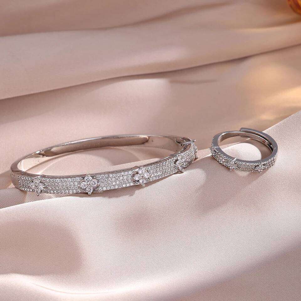 ZAKOL Copper Material Four Leaf Small Flower Zirconia Inlaid Bracelet Ring Set for Women Elegant Delicate French Wedding Jewelry