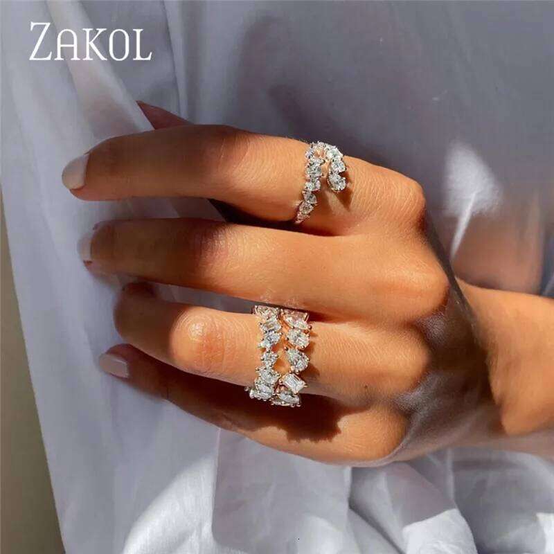 ZAKOL Fashion 3 Layers Irregular Zirconia Open Rings for Women Silver Color Ring Rectangle Shinny Jewelry