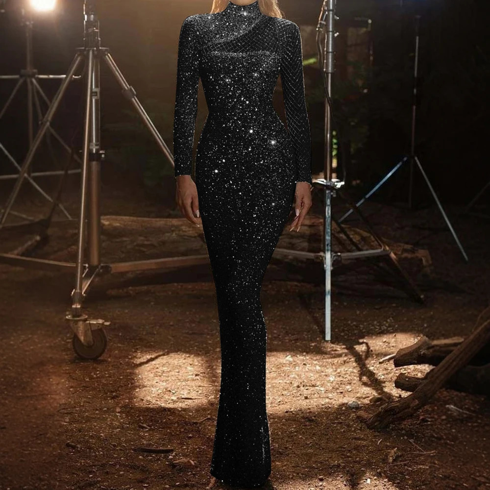 Womens Autumn Spring Evening Dress Party Sequined Mock Neck Long Sleeve Bodycon Maxi Gown Sheer Gauze Insert Side Slit Dress 251217