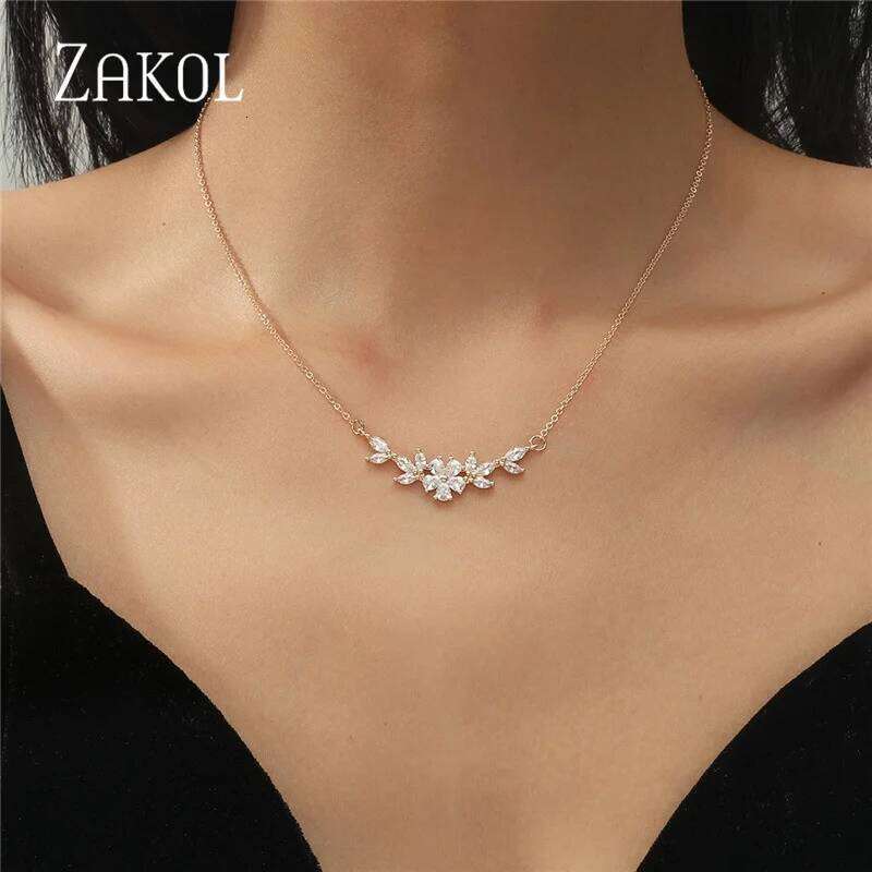 ZAKOL AAA Cubic Zirconia Flower Pendant Necklace for Women Fashion Gold Color Charm Choker Bridal Wedding Party Jewelry
