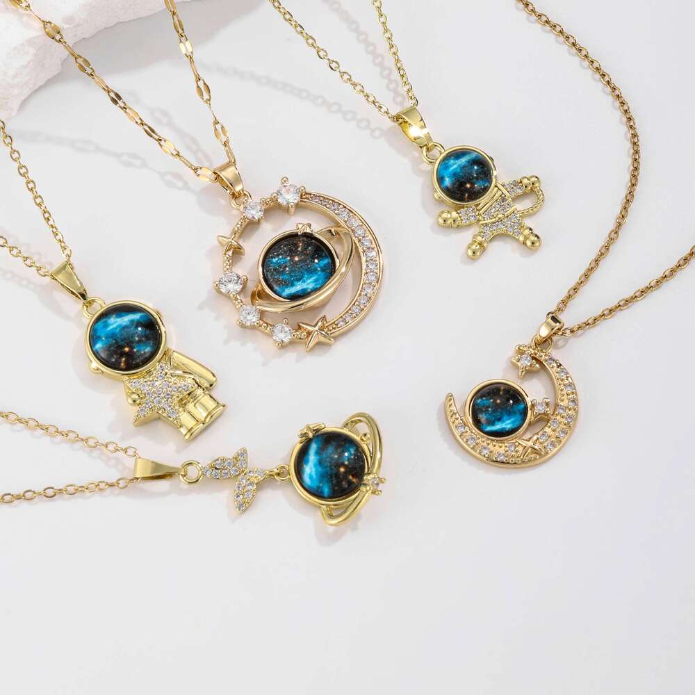ZAKOL 2Pcs/Set Planet Universe Moon Series CZ Pendant Necklace Sliver Gold Color Titanium Steel Chain Choker Jewelry Gift